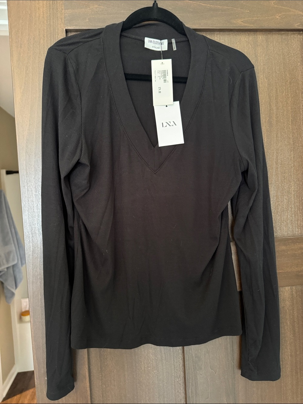 LNA Black Ribbed V-Neck Long Sleeve Tee